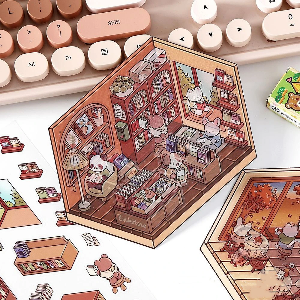 3D Three-dimensional Cabin Scene Stacking Stickers Cute Cartoon Pocket Diy Scene Landscaping Decoration Sticker Visual Stacking