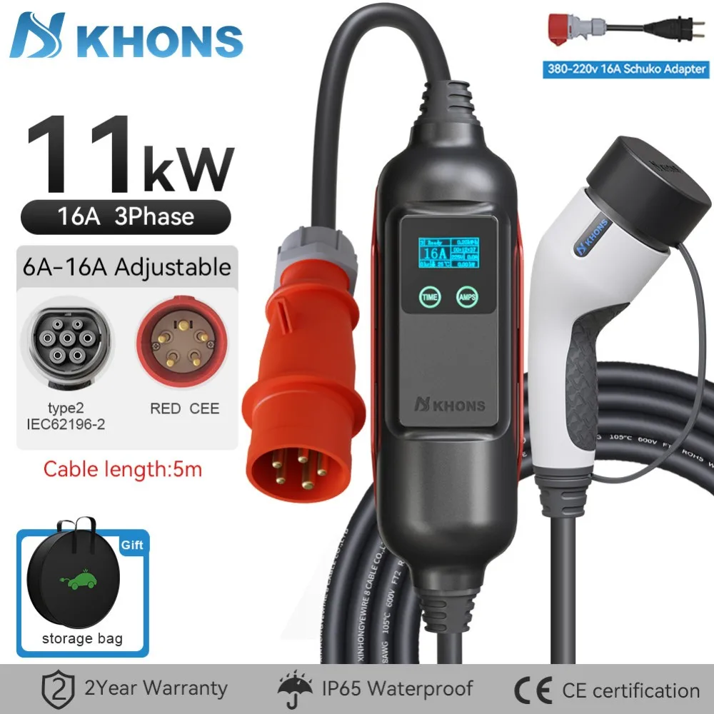 Khons Driefasige 11kW Elektrische Auto Type 2 Draagbare Lader EVSE Laadbox 16A CEE Stekker Elektrische Autolader Wallbox