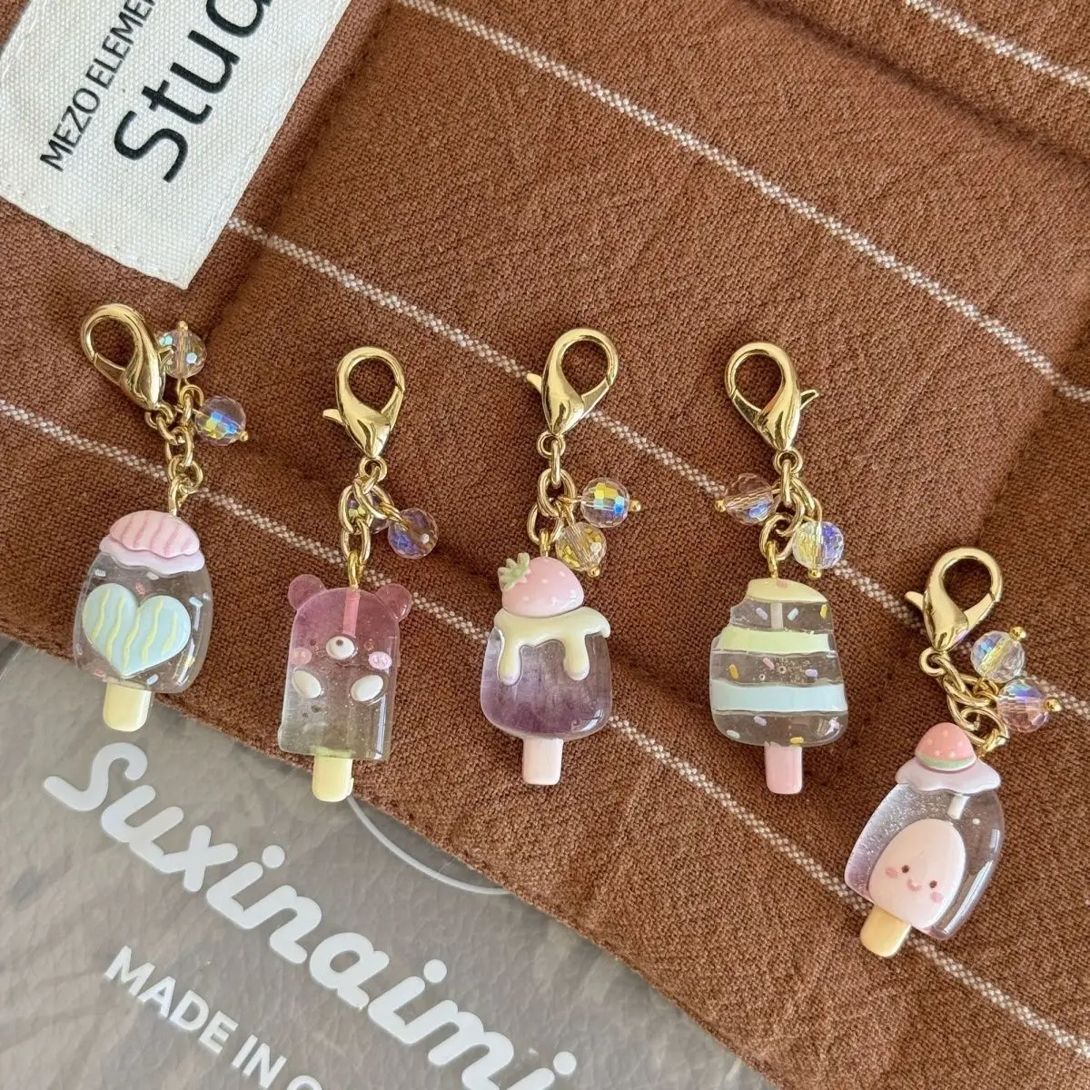 4pcs Adorable Japanese-Style Ice Cream Bag Zipper Charm Keychain Phone Strap Cute Fresh Design Pendant Cellphone Lanyard