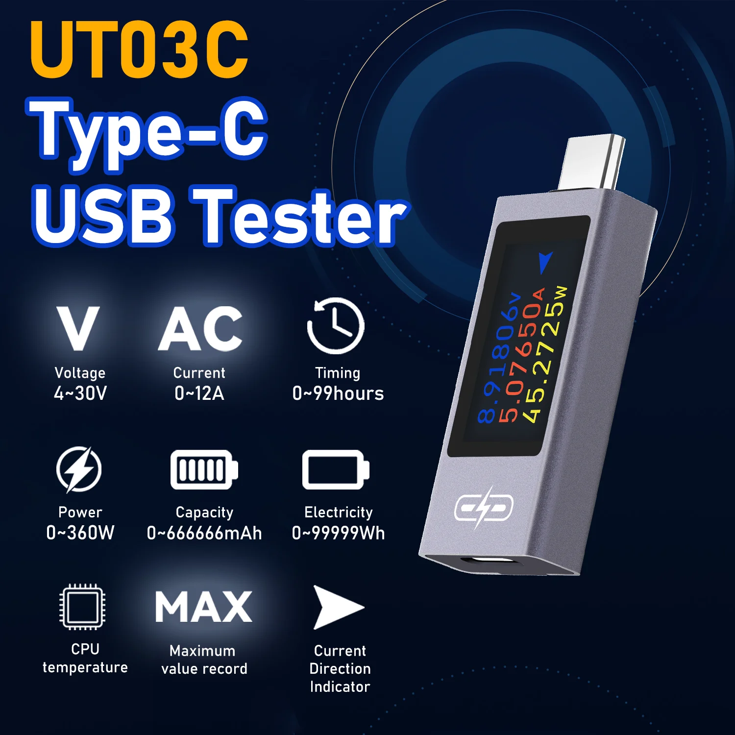 testador-usb-tipo-c-4-30v-0-12a-voltimetro-dc-amperimetro-medidor-de-energia-display-colorido-carregamento-rapido-testador-de-capacidade-do-carregador-com-registro