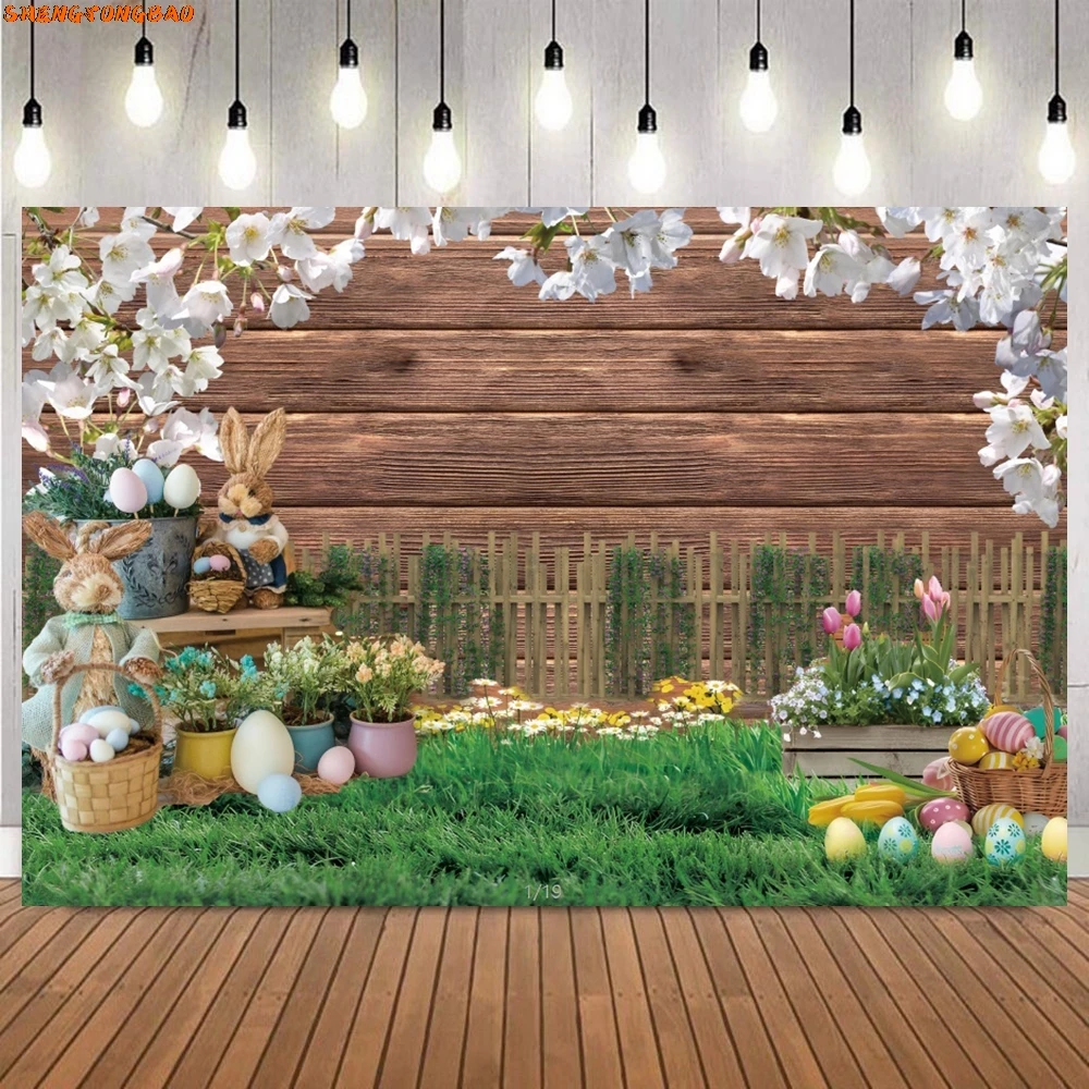 Happy Easter Photography Backdrop Bunny Wooden Board Floor Flower Eggs Rabbit Easter Party Baby Portrait Background Photo Props
