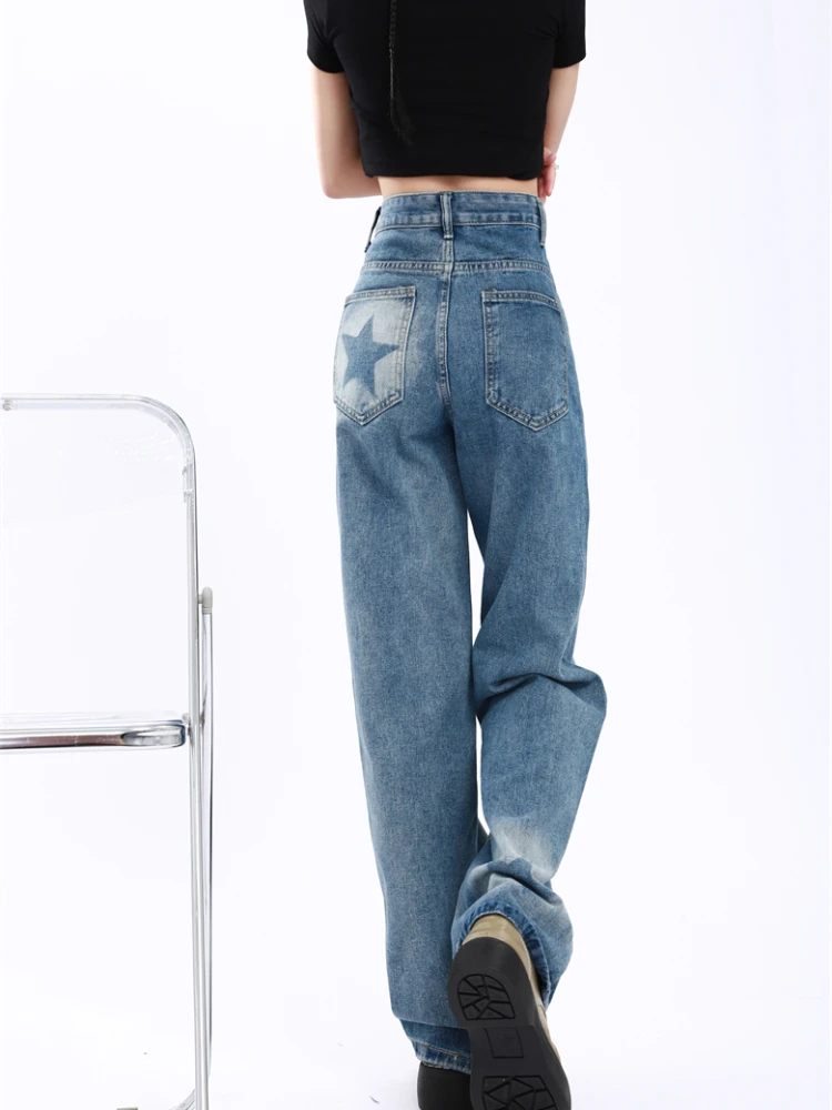 Geometrischer Druck Jeans Frauen breites Bein lose europäischen Stil Mode Freizeit asymmetrisch gebleicht hohe Taille Punk Retro