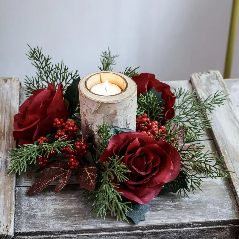 

Artificial Flower Candle Ring Wreath Handmade Plastic Crimson Rose Berries Candle Holder for Christmas Thanksgiving Home Decor