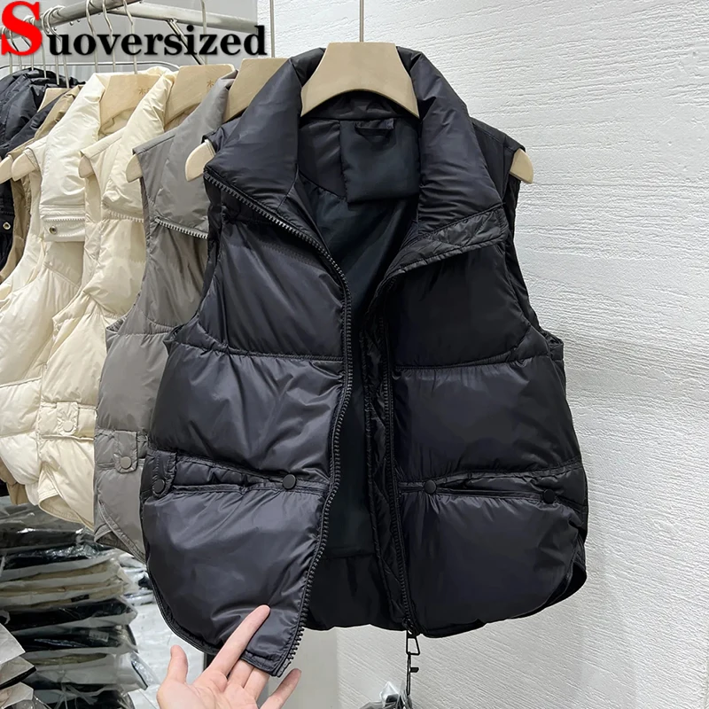 Cotton Padded Sleeveless Jackets Korean Women Puffy Vest Fashion Stand Collar Thicken Waistcoat Autumn Winter Warm New Chaleco