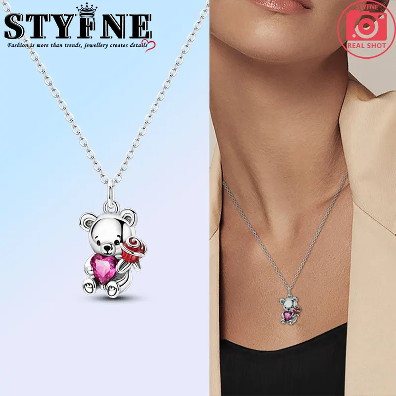 925 Sterling Silver Valentine's Day Confession Bear Necklace Symbols for Women Jewellery Birthday Gift