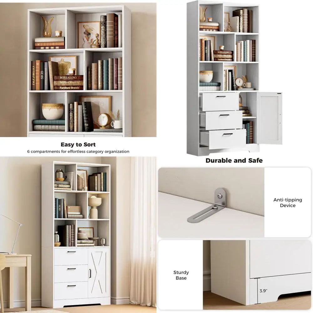 

70.9 Inch Tall White Bookcase with 3-Tier Shelves and 6 Open Cubes for Home or Office