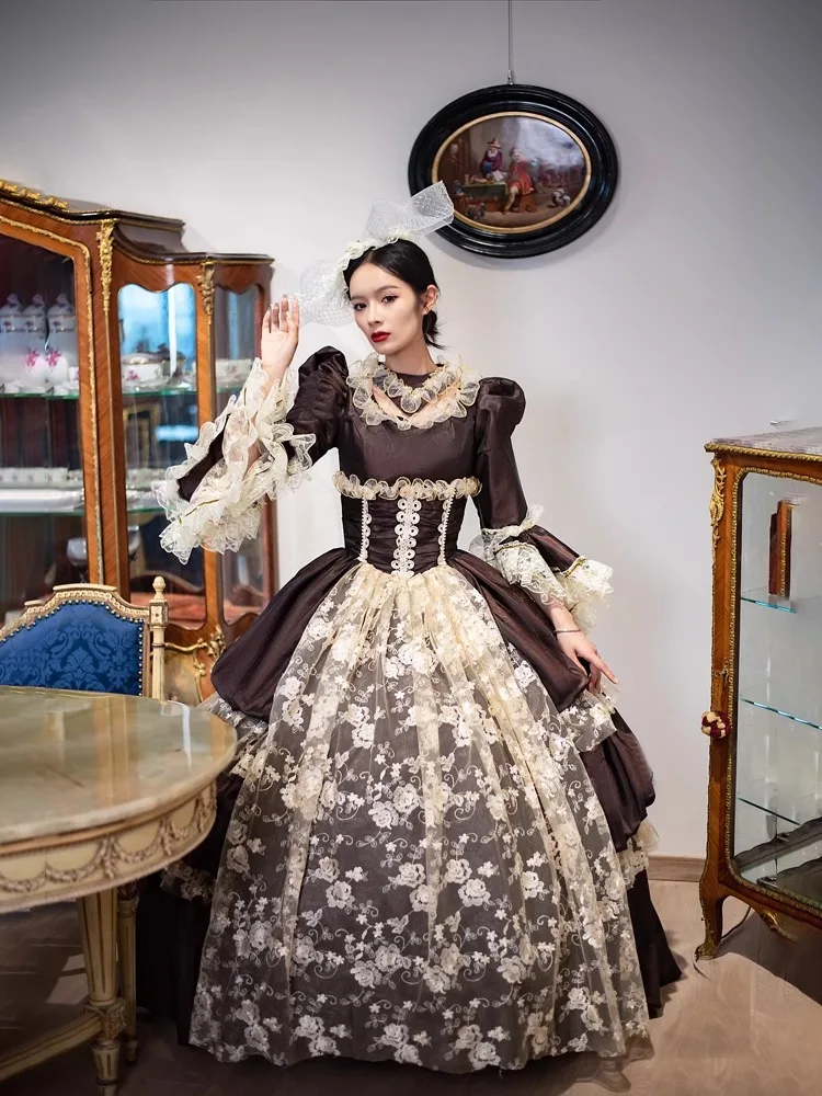 

European medieval European court retro dress Victorian aristocratic long dress drama catwalk photography vestido corto elegantes