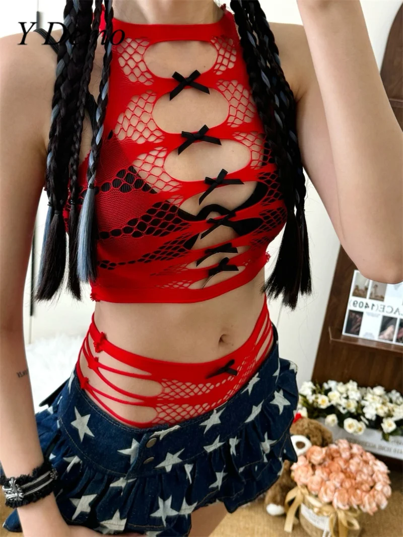 Y Demo Y2k Sexy Hollow Our Sleeveless Elastic Tops Bow Perspective Mesh Tops Set Summer