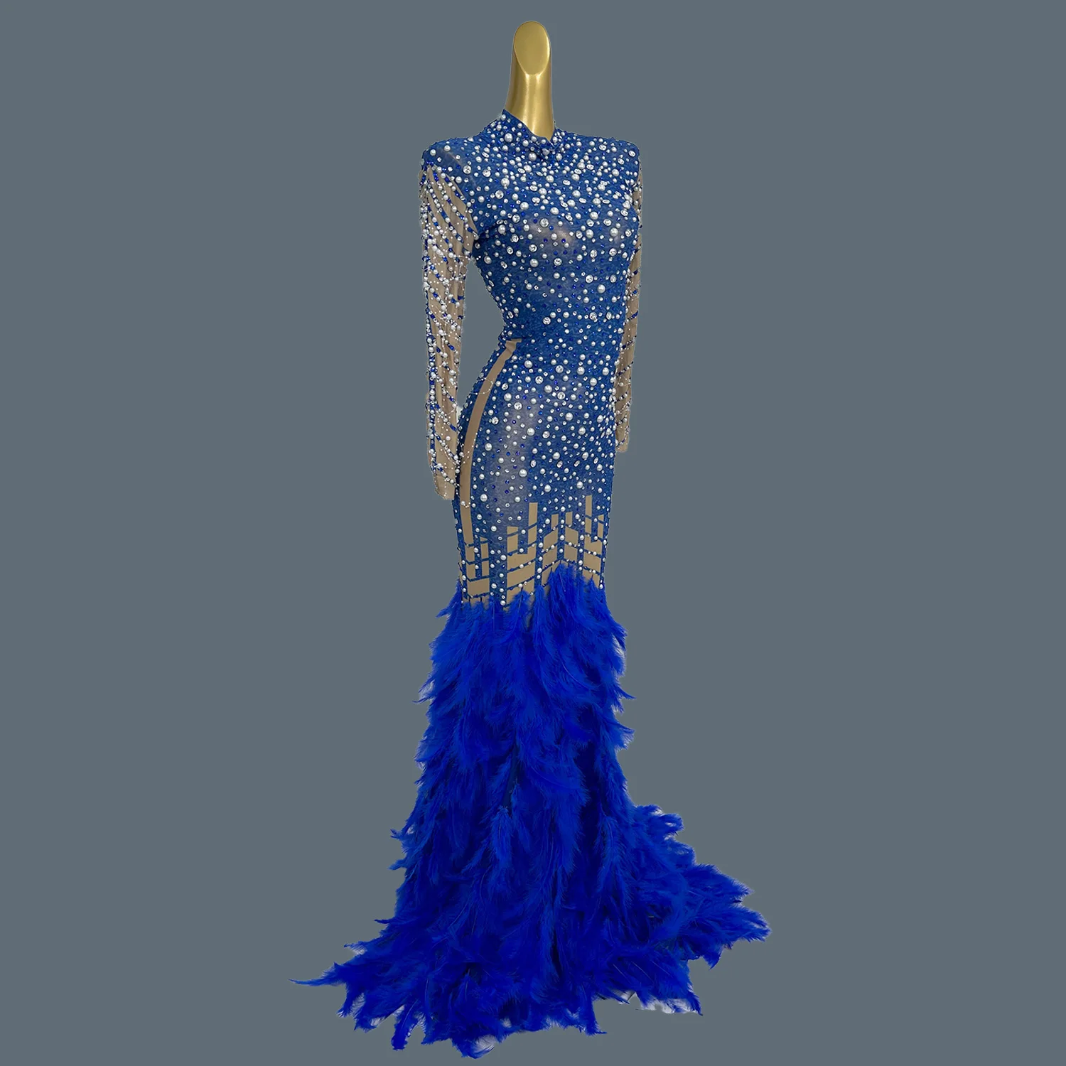 Sparkly Rhinestone Feather Fishtail Gown Bodycon Sheer Mesh Gown For Women Formal Birthday Wedding Prom Pearls Dress liantiyumao