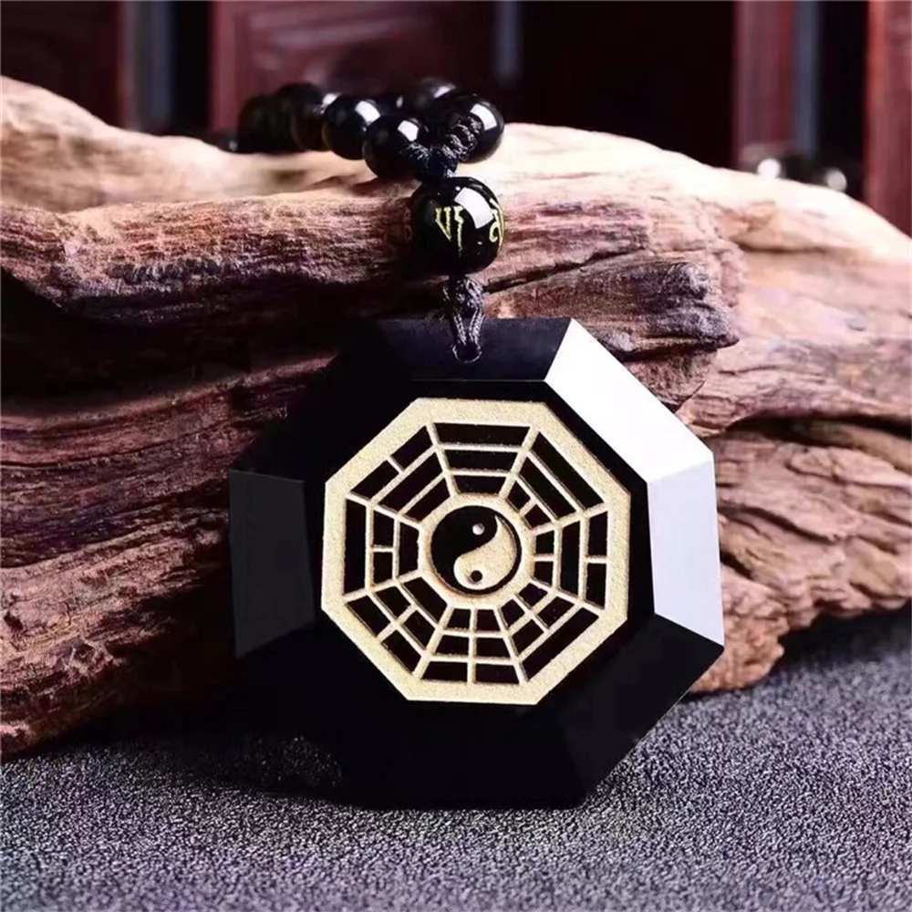 Натуральный черный обсидиан, резные китайские золотые вены BaGua, кулон с лицом на удачу, бусины, ожерелье, модный кристалл, модный подарок, ювелирные изделия
