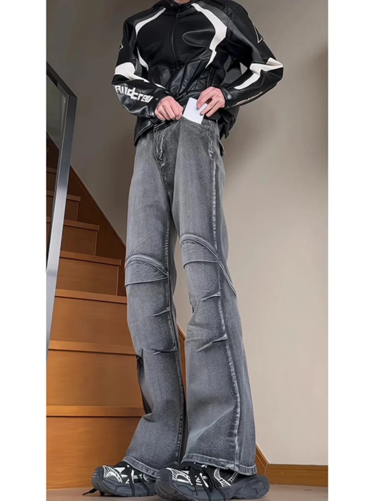 

Джинсы с высокой талией и прямыми штанинами для мужчин, весенне-осенние, стильные, для создания модного образа, брюки с отворотами