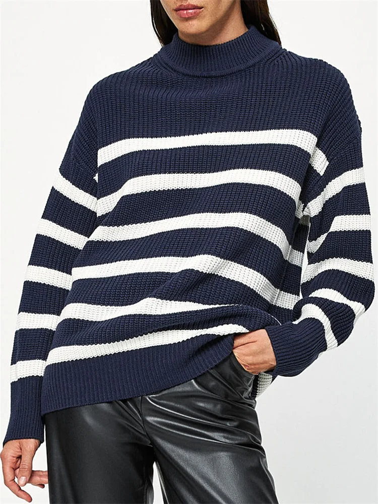 Navy Blue Striped Knit Sweater Female Jumpers Long Sleeve Knitting Pullovers Women Tops New In Knitwears Autumn Winter Sweaters