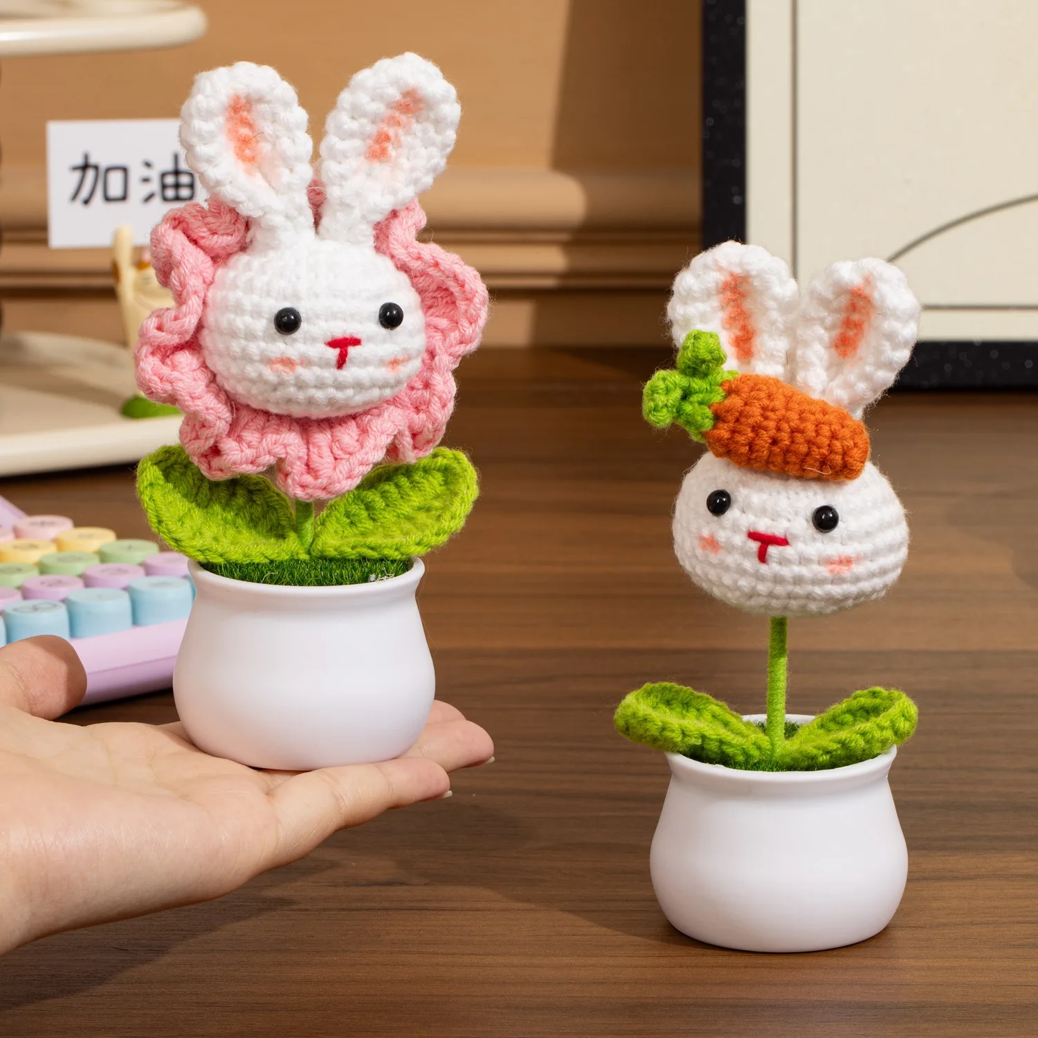 أرنب لطيف محبوك الزهور بوعاء الحيوان زهرة الكروشيه المنسوجة زهرة للسيارة ديكور المنزل الاطفال هدية