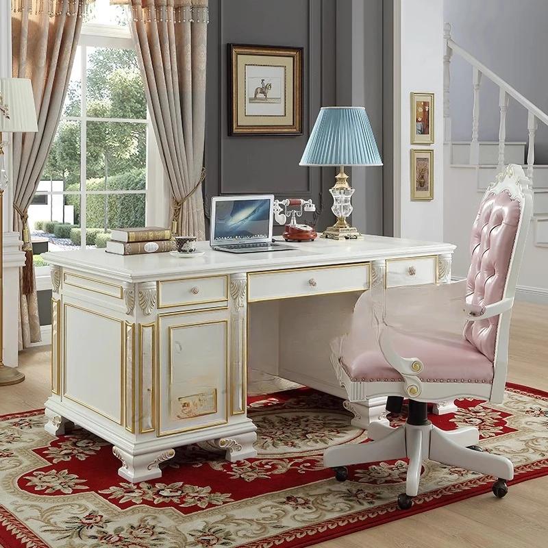 American solid wood desk, European white desk writing desk computer table and chair combination sealing paint