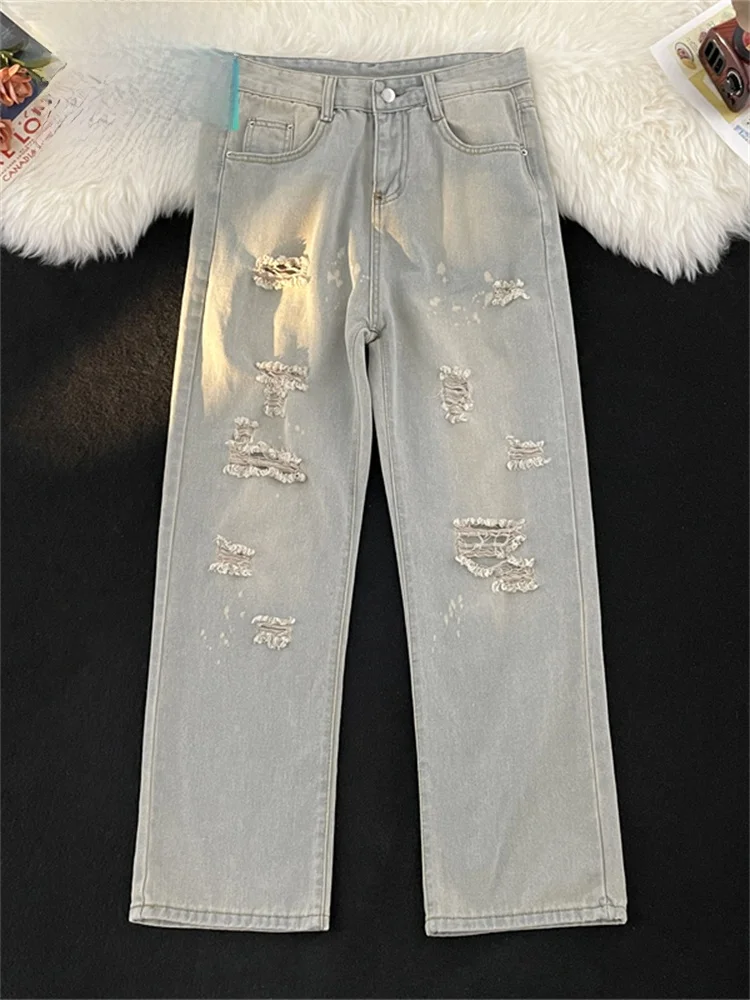 

Ripped Straight Leg Men's Jeans Summer Thin High Street American Style Loose Wide Leg Long Trousers Retro Slim Fit Casual Jeans