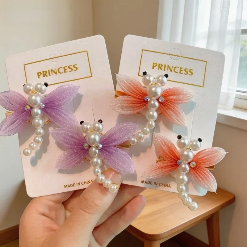 2Pcs Korean Faux Pearl Dragonfly Hair Clips – Ethereal Princess Side Clips for Daily/Party/Photo, Flyaway Hair Organizer Gift