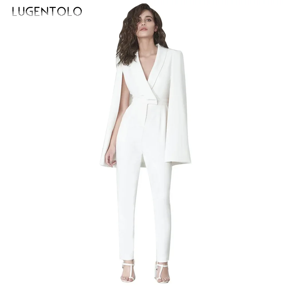 Women Jumpsuit Spring Autumn Fashion Sexy Shawl Slim Fit White Solid Elegant High Waist Lady Skinny Jumpsuits Lugentolo