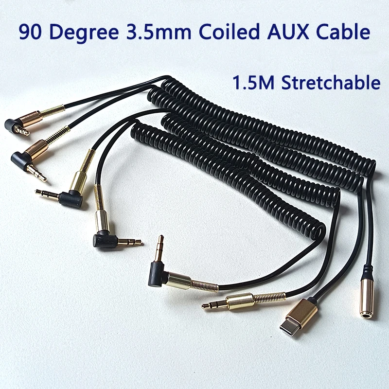 

1PC 90 Degree 3.5mm 1.5M Coiled Jack Audio Cable Male to Male Female Type C Aux Cable for Car Phone Laptop Speaker