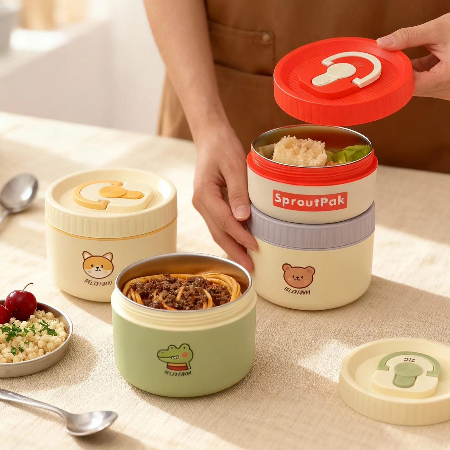 Fiambrera aislante de doble capa para niños, contenedor térmico de comida de acero inoxidable 304 a prueba de fugas con dibujos animados, apto para microondas