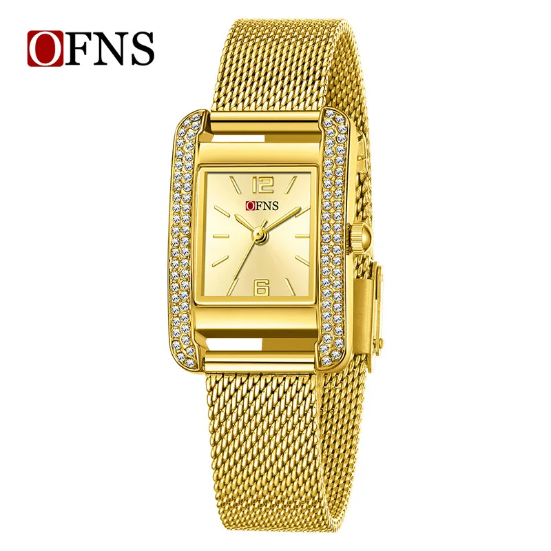 Fashion Ofns Brand 7201 Square Water Diamond Women's Watches Quartz Movement Mesh Strap 9.5mm Thin Design 3atm Daily Waterproof