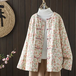 Chinese Style Women Floral Cotton-Padded Jackets 2024 New Autumn Winter Hand Made Buttons Quilted Parkas Warm Outwear Coat