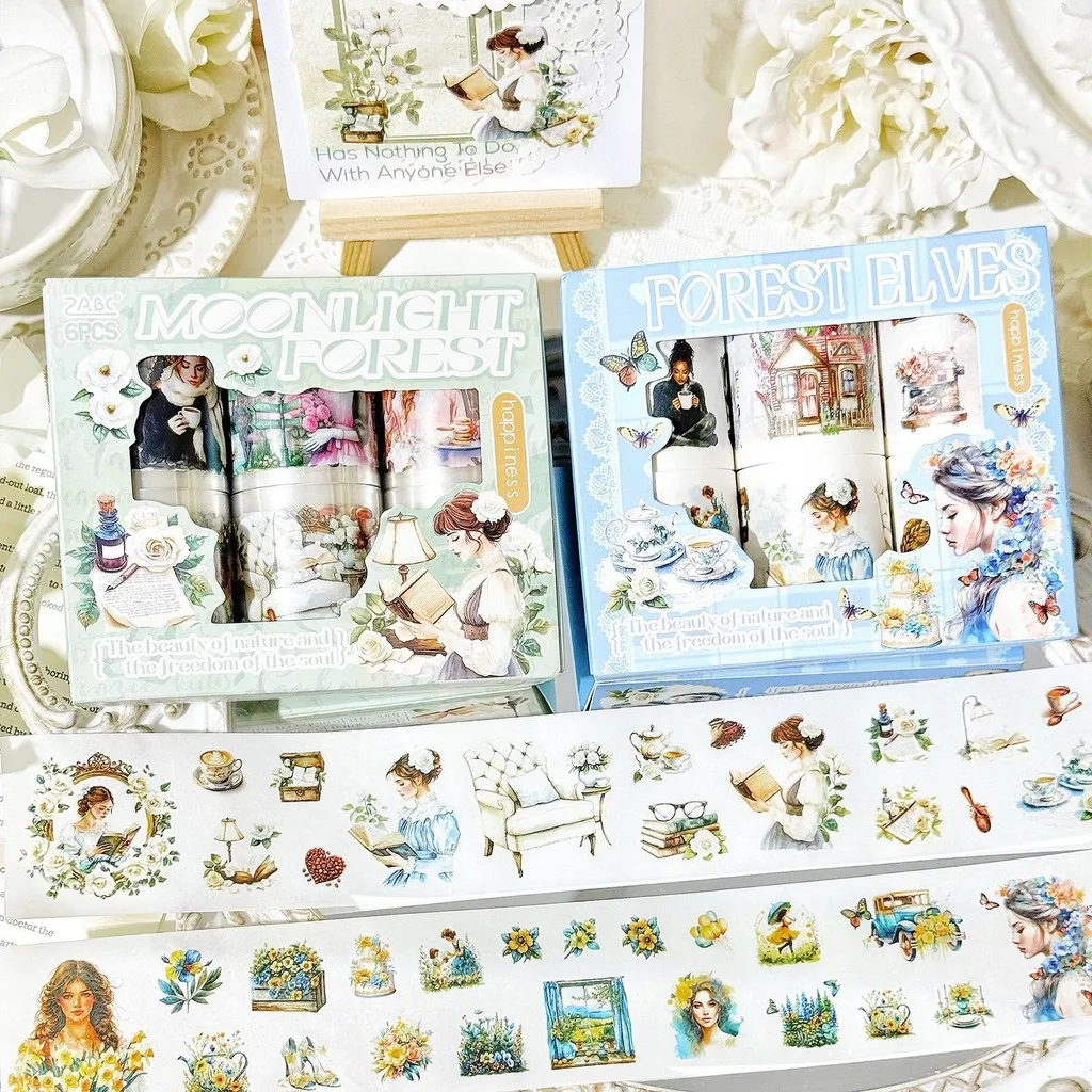 

6rolls/box PET Tape Washi Paper Character Tape Stickers for Journaling and Scrapbooking Decorative Tape DIY Arts Craft