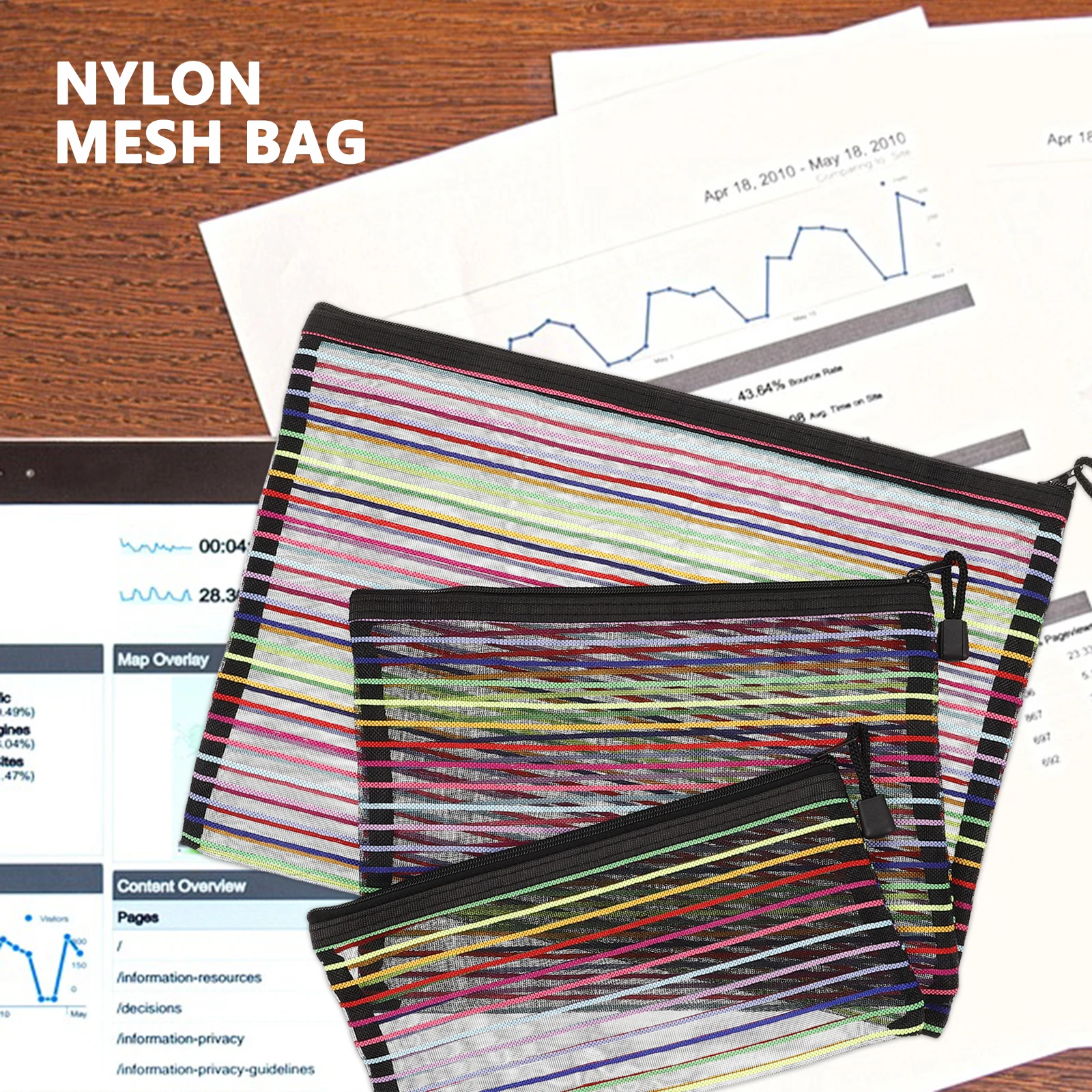

3 Pcs Nylon Mesh Bag Zipper File Bags Pouches Storage with Folders for Documents Portable Organizer
