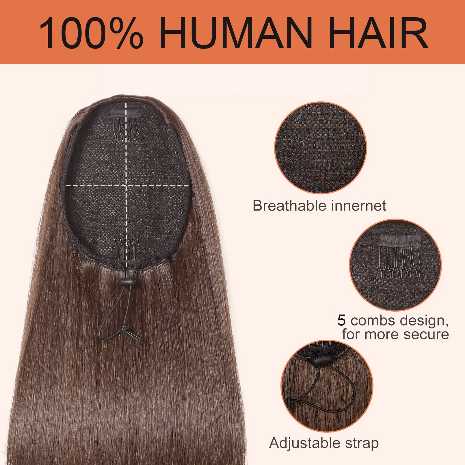 Straight Ponytail Human Hair Extensions #4 Medium Brown Straight Drawstring Ponytail Clip in Hairpiece For Black Woman 16-26Inch