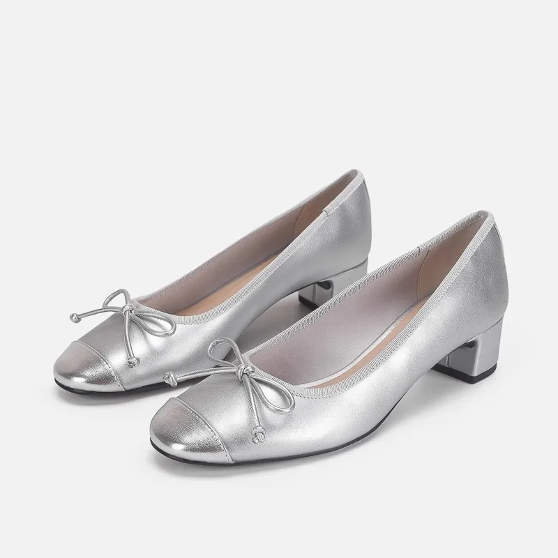 Women's Bowknot Block Heel Ballet Heels Shoes Two-tone Cap Toe Elegant Daily Pumps Black Silver Ballet Style Office Dress Shoes
