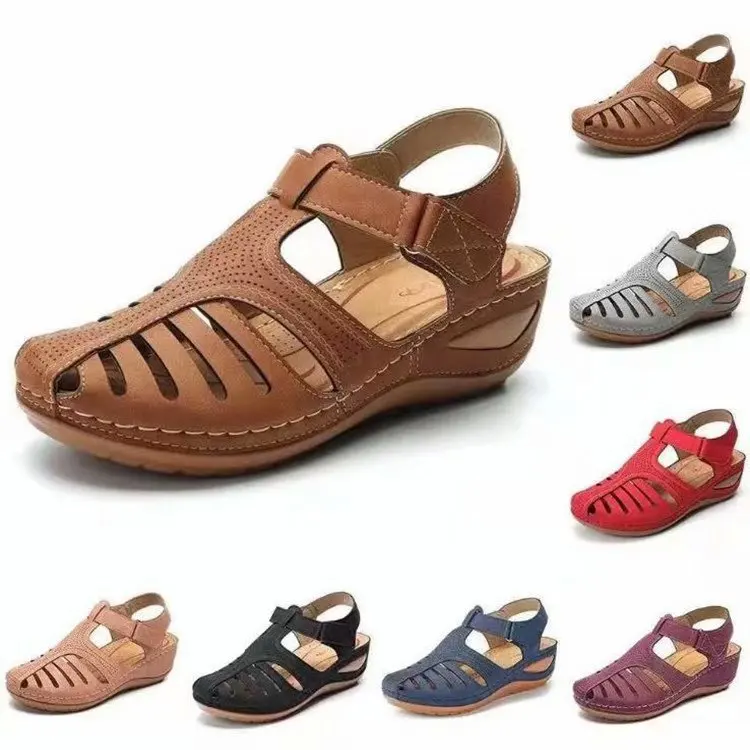 Sandales à Semelles Compensées en Cuir Non-ALD pour Femme, Chaussures d'Été Élégantes, Premium Orth4WD, Décontractées, Rétro, à Plateforme, Grande Taille 34-43