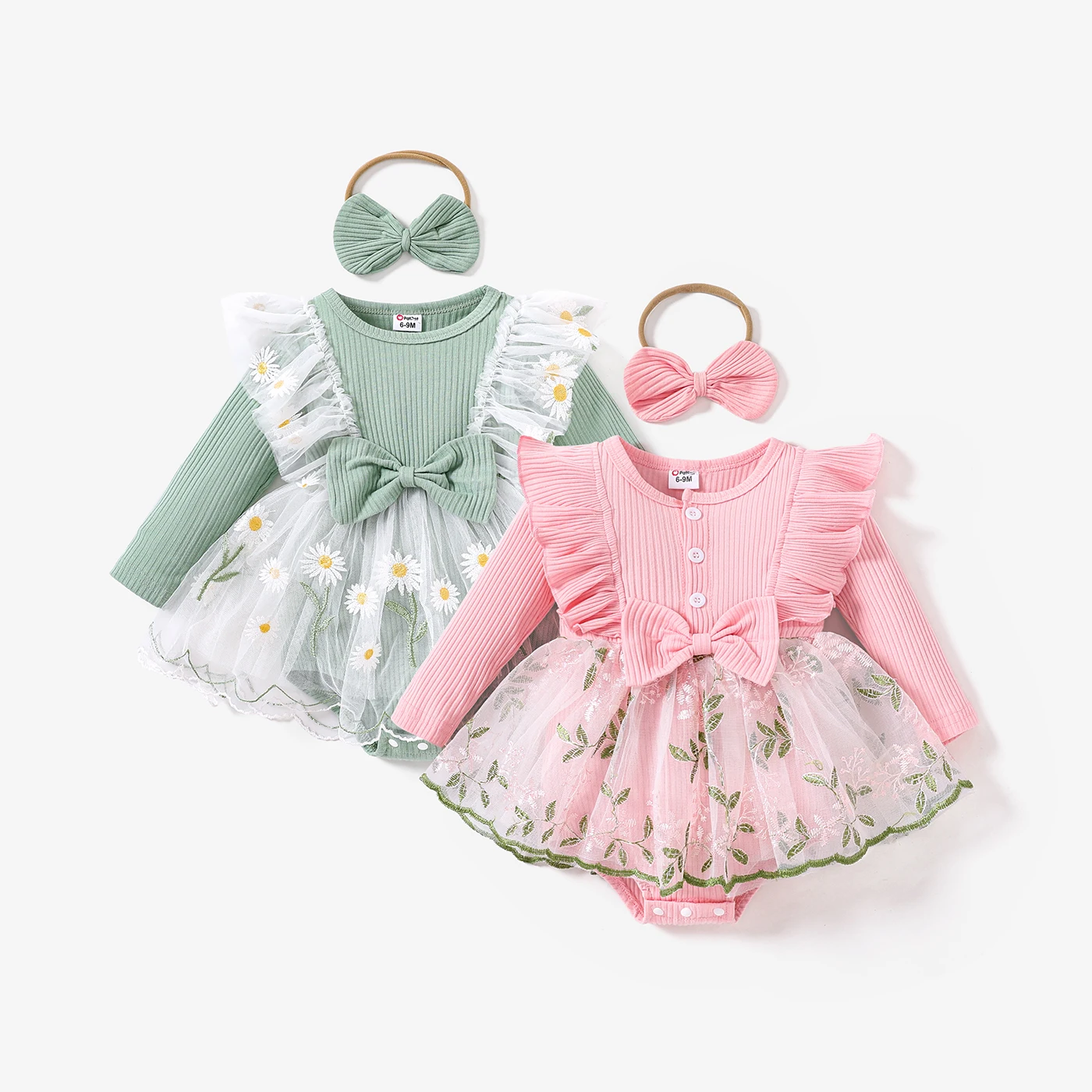 

PatPat 2pcs Baby Girl Sweet Fabric Stitching Long Sleeve Mesh Rompers Set