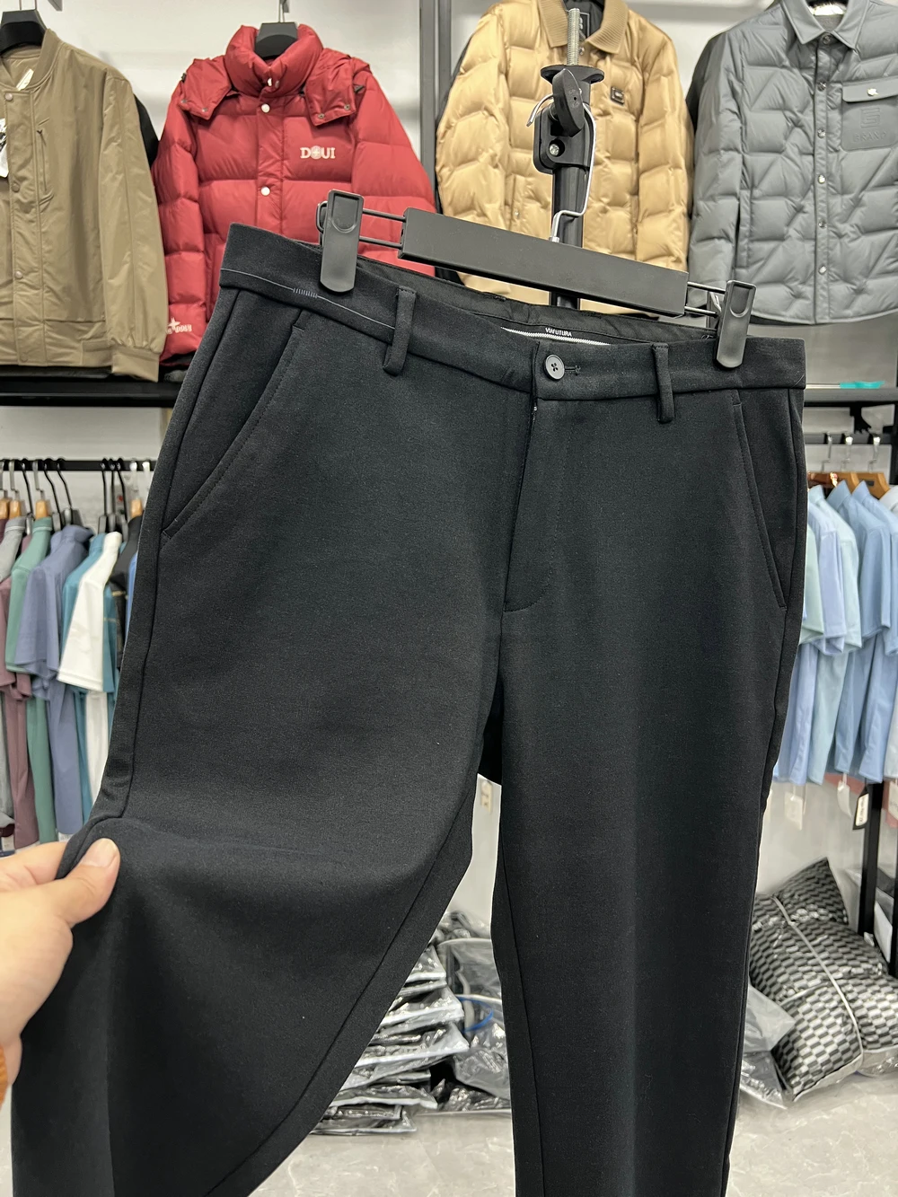 Business Casual Straight Leg Thickened Commuter Pants for Men Anti-Wrinkle Polyester Nylon Spandex Blend mid Waist Zipper