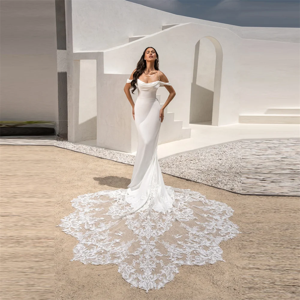 Womens Off Shoulder Mermaid Wedding Dress Lace Appliques Splicing Train Bridal Dresses Button Back Court Train robe de mariee