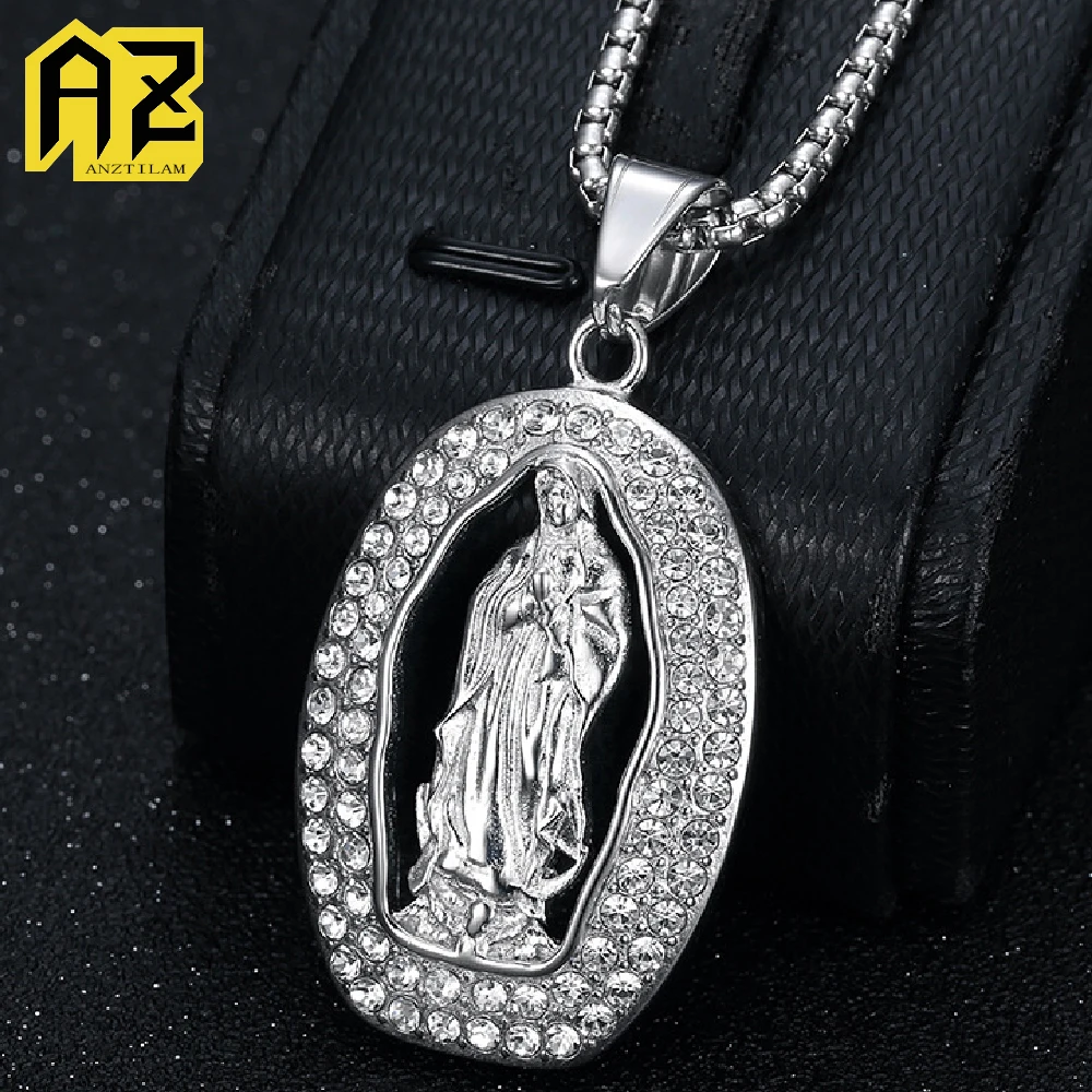 Anztilam No Fade Marry Round 316L Stainless Steel Iced Out Pendant with Long Link Chain Necklaces for Women Men Hip Hop Jewelry