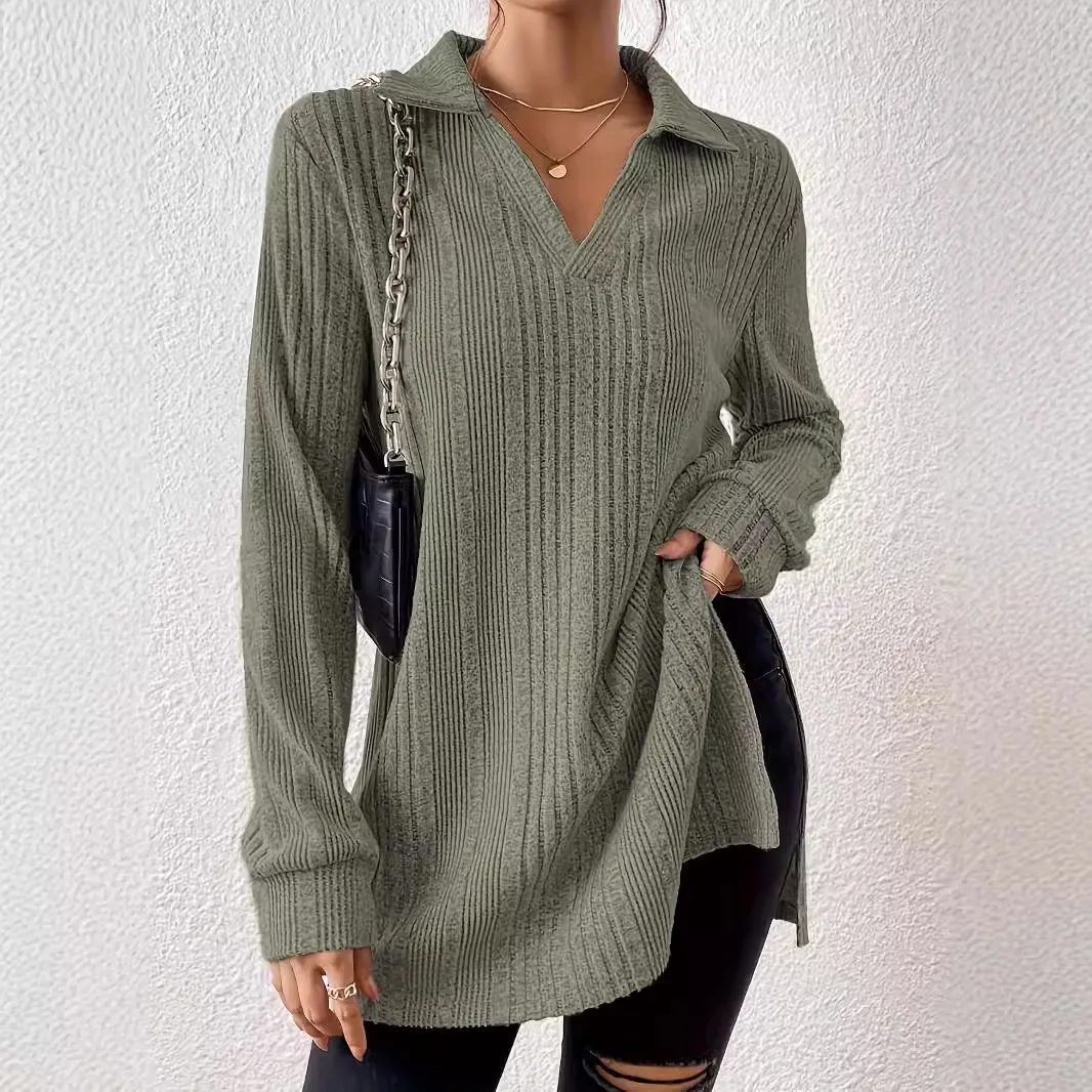 

2025 New Autumn and Winter Solid Color Collar Loose Fashion T-shirt Top for Women