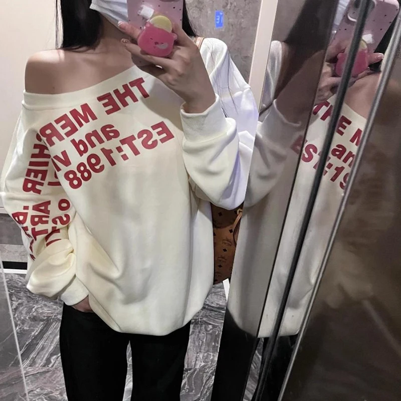 American Slant Shoulder Sweatshirt Women Loose Hip Hop Street Letter Printed Cray Pullover Spring Autumn Lazy Chic Studern Top