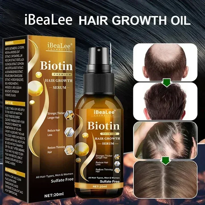 IBeaLee Produtos para o crescimento do cabelo Biotina Anti Perda de cabelo Spray Tratamento do couro cabeludo Crescimento rápido Cuidados com os cabelos Óleos essenciais para homens e mulheres