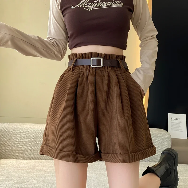 Autumn Winter Woman Corduroy Shorts With Belt 2024 Elastic Waist Loose Crimping Vintage Short Pants For Boots