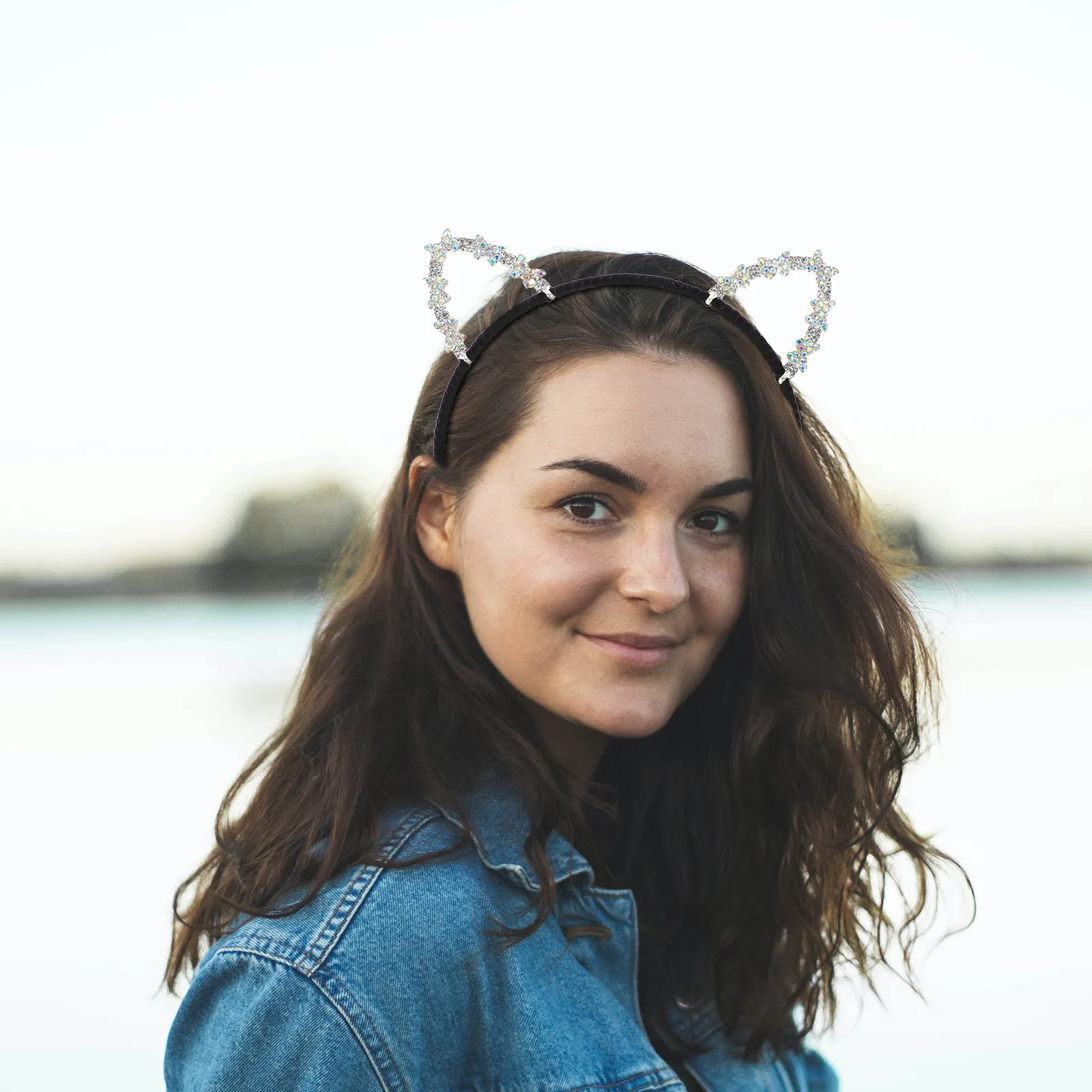 2Pcs Cat Ear Hairband Stainless Steel Delicate Animal Ear Headband for Christmas Halloween Costume Party Cosplay Rhinestone