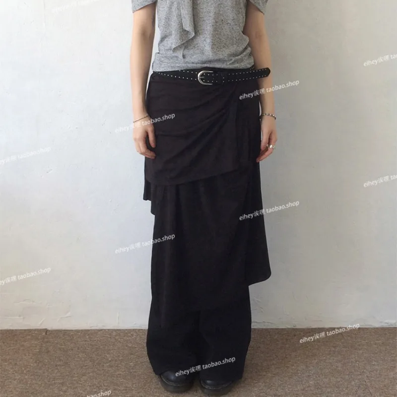 Y2K الكورية مطوي بلون كل مباراة منتصف طول تنورة المرأة 2025 الخريف عالية الخصر فضفاضة غير رسمية غير النظامية تنورة #1