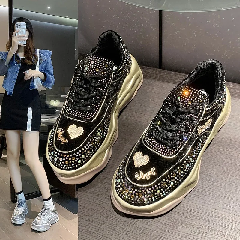 

Designer women's casual rhinestone suede casual shoes fashionable thick soled lace up sports shoes single shoe zapatillas mujer