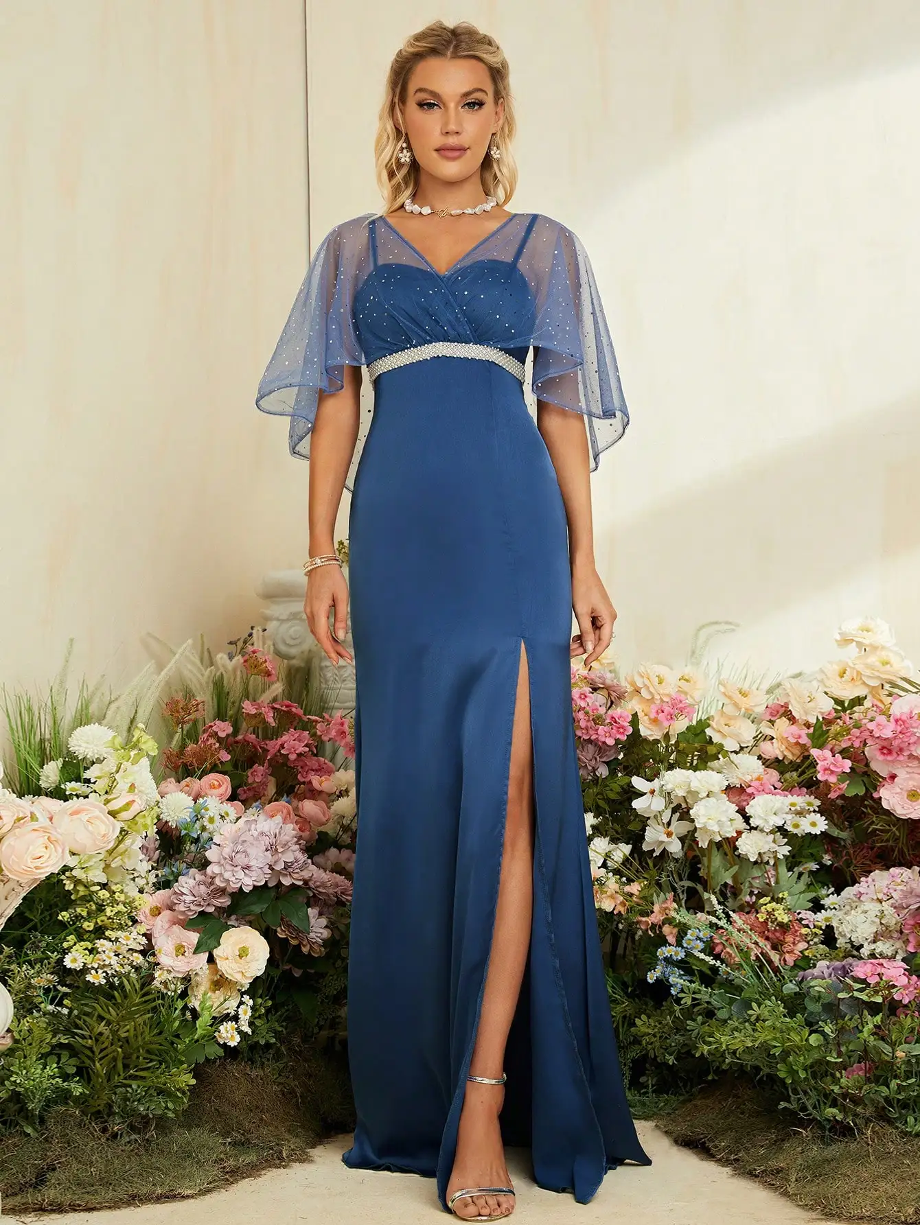 Mgiacy-Robe de soirée châle, col en V, buste plissé, ceinture de perles, robe de soirée Ding, robe de demoiselle d'honneur, robe senior PROM