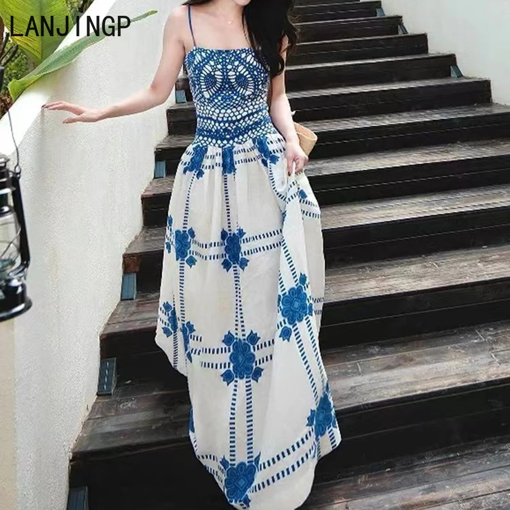

Summer 2025 French blue print suspender loose and thin long dress unique and beautiful skirt
