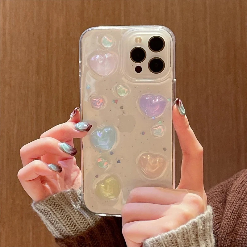 Transparent Bling Cute Color 3D love Stars Phone Case for Iphone 14 13 12 11 15 Night Light Luminous TPU Drop Glue Glowing Cover