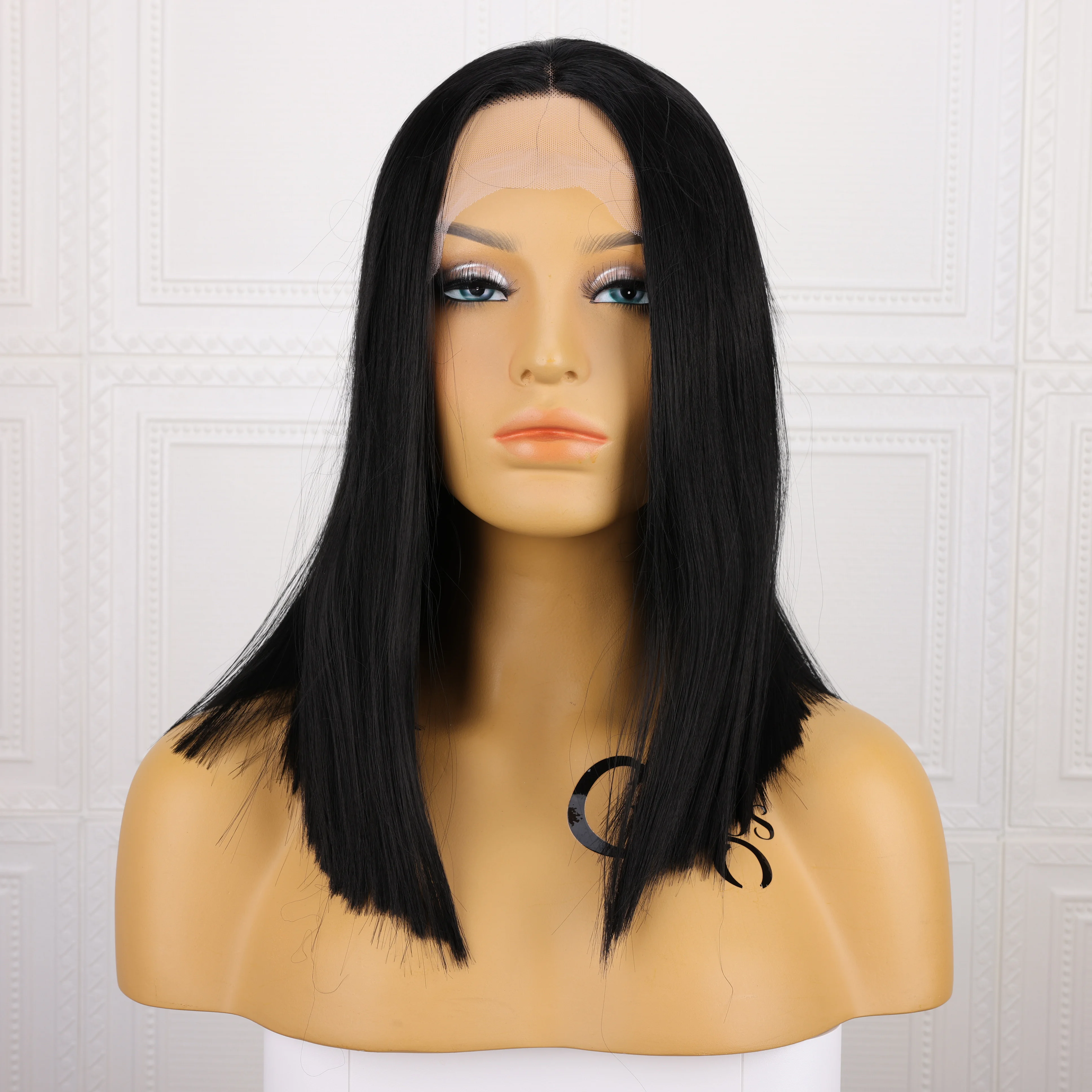 Black Synthetic Short Straight Hair Wig Natural Black Cosplay Daily Wig 13*4 Front Lace Mesh Cap High Temperature Resistant