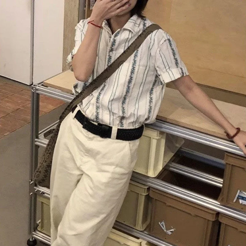 

Летняя блузка с принтом в вертикальную полоску, женская свободная эстетичная однобортная рубашка Y2k, повседневные Blusas Harajuku, топы с карманами в стиле гранж