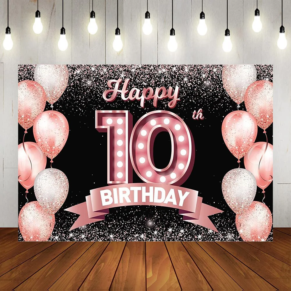 

Happy 10th Birthday Rose Gold Banner Backdrop Cheers to 10 Years Old Confetti Balloons Theme Decor Decorations for Girls 10 Year