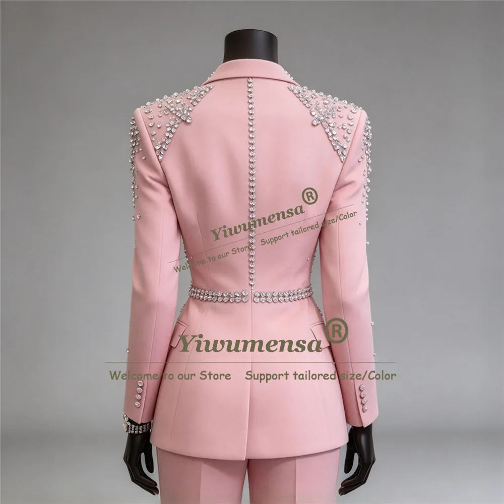 Handmade Pink Pants Suit Set For Women Sparkly Beaded Stones Prom Blazer Customized Single Breasted Lady Business Party Tuxedo