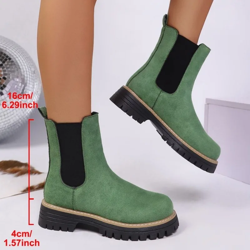 

Women Boots Chunky Heel Platform British Style Thick Sole Increase Height Casual Chelsea Boots For Autumn And Winter Casual Wear