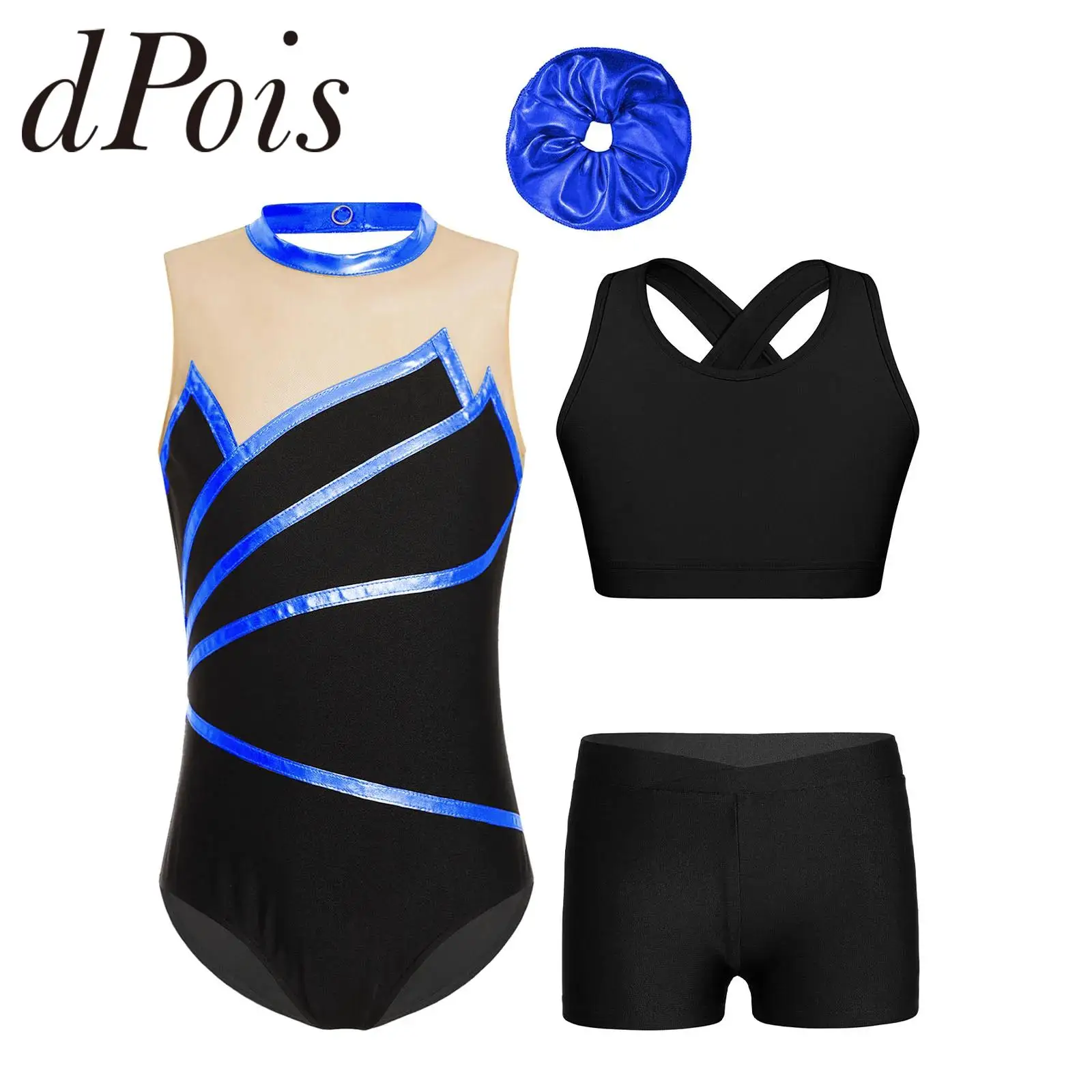 Kids Girls Gymnastics Jumpsuit Yoga Practice Bodysuit Costume Sleeveless Leotard with Tops Shorts Vest Hairband Dancewear Sets